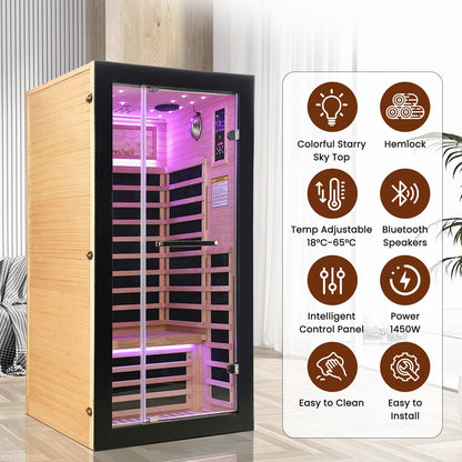OUTEXER One Person Sauna Far Infrared Saunas Room Canadian Hemlock 1450W Dry Saunas Spa with 7 Starry Sky Light 35.4 * 35.4 * 70.8inch