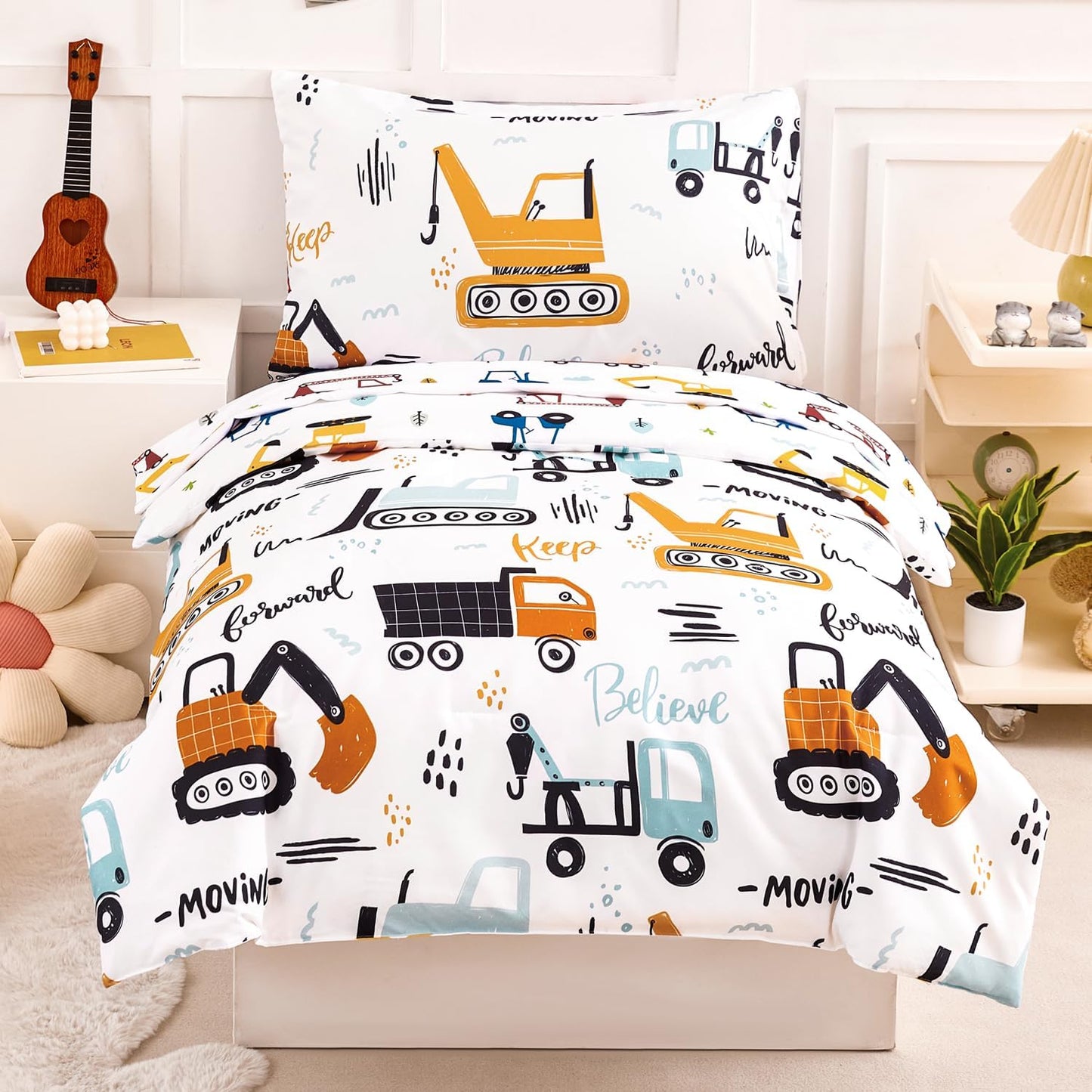 4 Sets Set Set PERFEMET Piece Boys Twin Bedding Car Printed on White Kids Comforter for Boys Reversible Cartoon