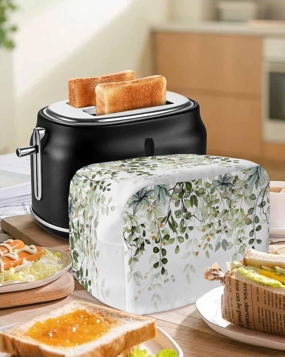 Sage Green Leaves 4 Slice Toaster Cover, Small Appliance Dustproof Fingerprint Protector, Machine Washable Eucalyptus