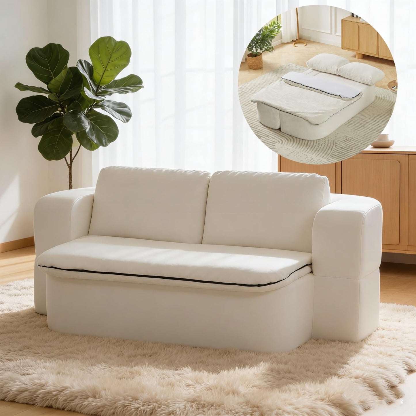 Trygoal 74.8" Convertible Futon Sofa Bed, Foldable Floor Couch with Pocket Spring & Foam, Compression Packed Sleeper Sofa with Cushion Blanket, Lazy Couch for Living Room Bedroom Apartment, Cream
