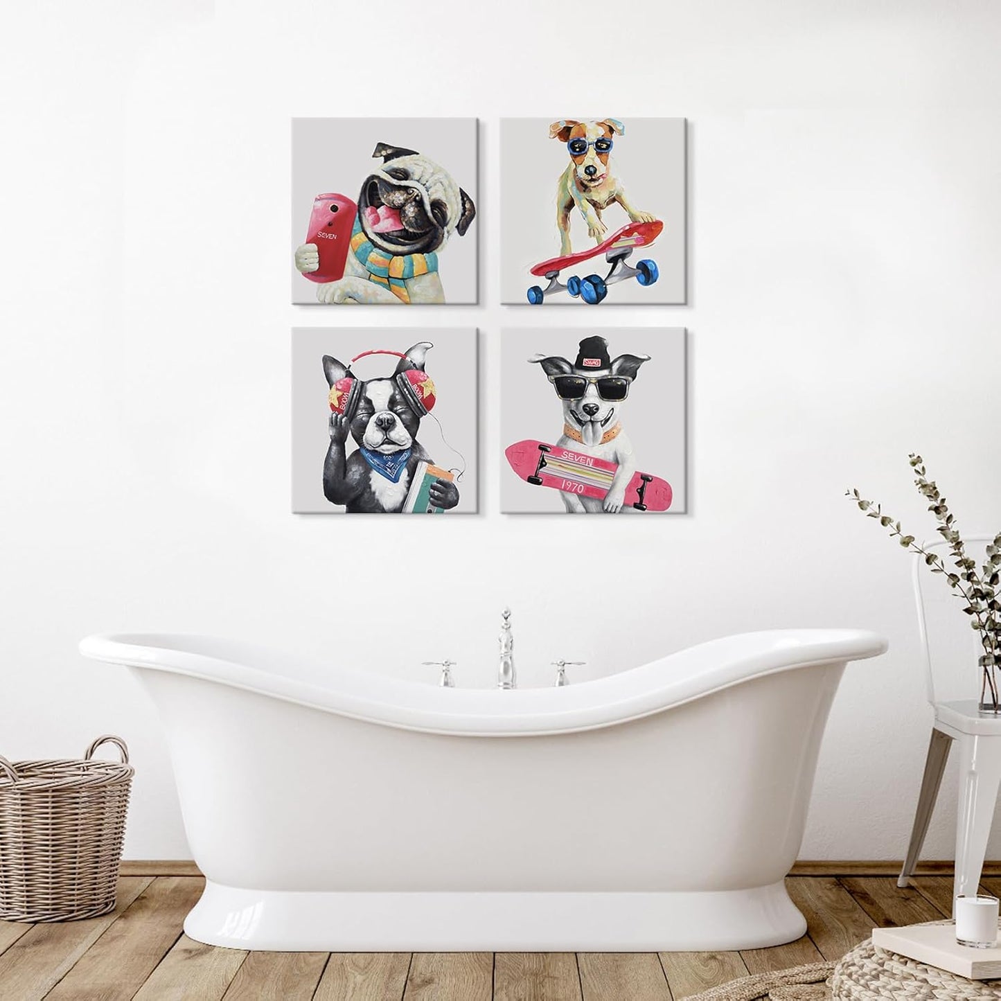 12'' 12'' 4 SEVEN WALL ARTS Colorful Gallery Pet Canvas Painting Puppy Artwork Abstract Hip-hop Dog Cartoon Picture