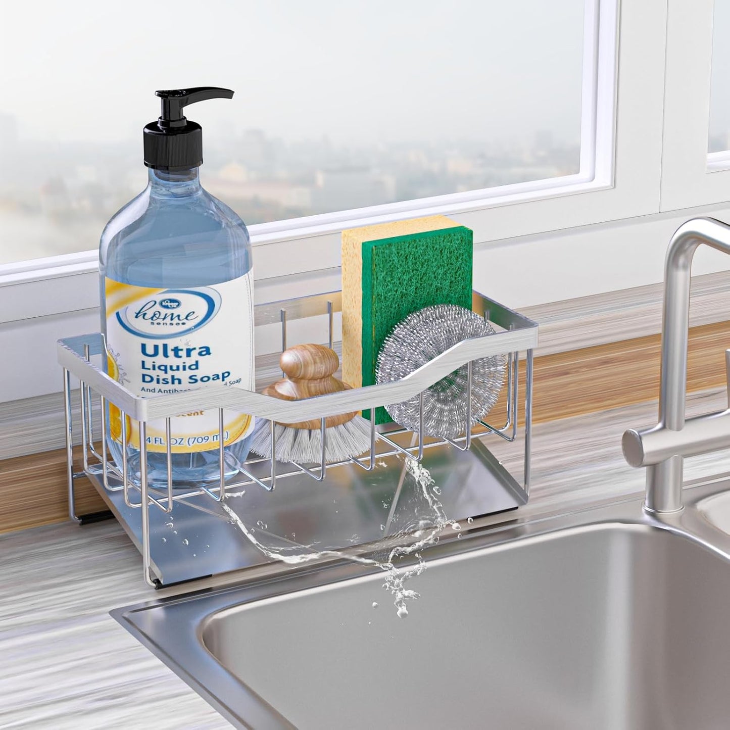 Counter (304 Vanwood Sponge Holder for Kitchen Sink with Auto Draining Tray, Sink Caddy Kitchen Sink Cocina Organizer