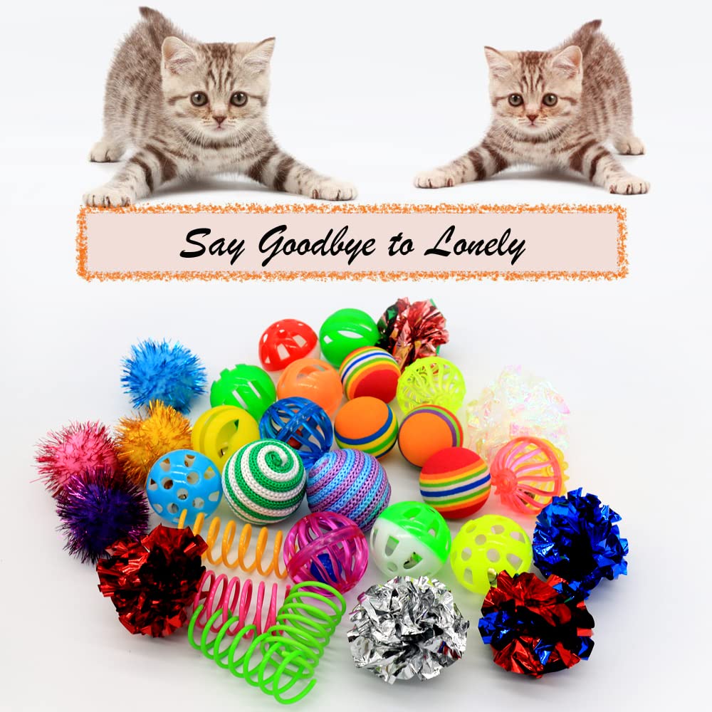 LASOCUHOO Cat Toys Kitten Assortment - Rainbow, Crinkle, Sparkle, Bell & Sisal Balls for All Cats - 30 Packs