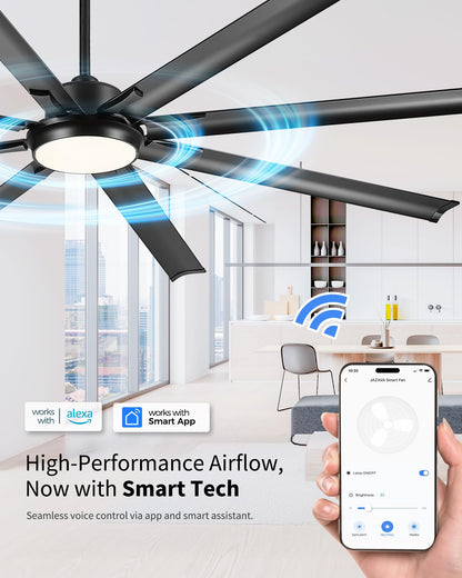 JAZAVA 84 Inch Industrial Ceiling Fan with Light, Large Ceiling Fan with 8 Aluminum Blades, Works with Alexa, 6-Speed Reversible DC Motor, 3 CCT Settings, Ideal for Covered Outdoor Spaces, CF04BK-84