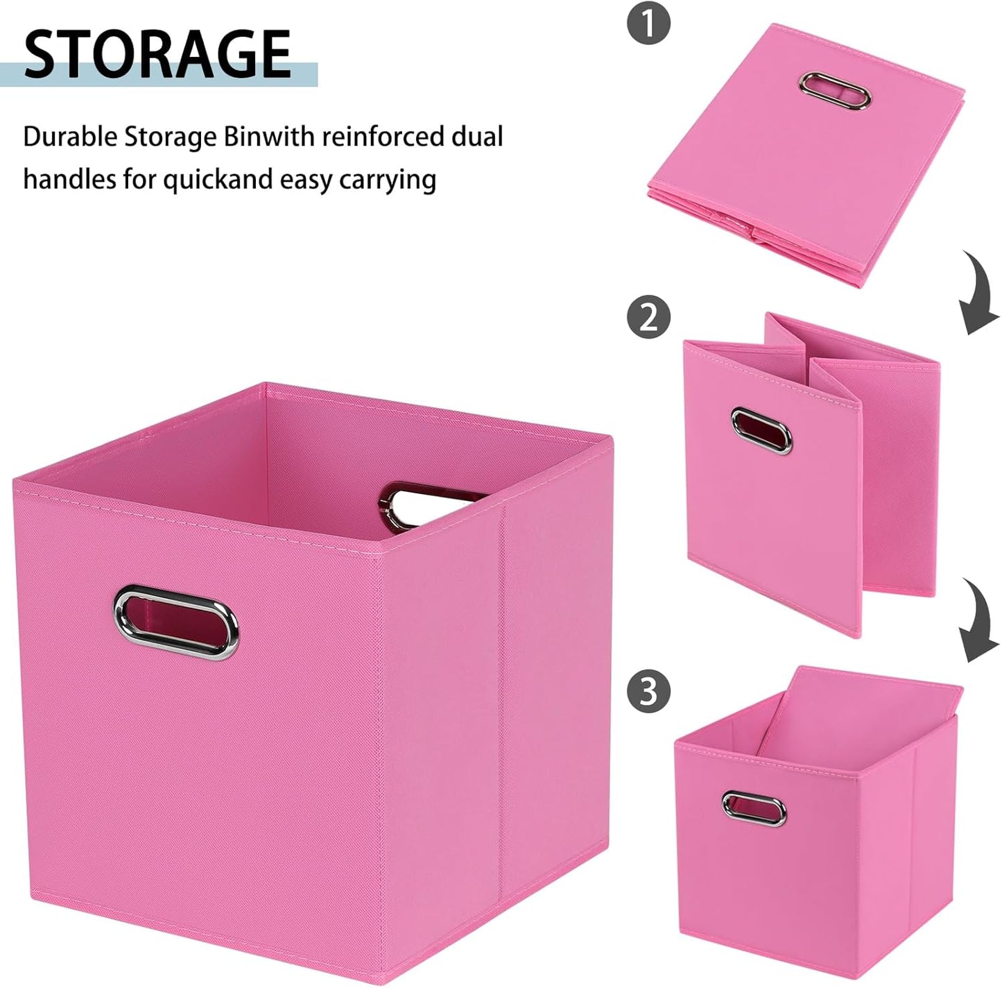 Fabric Storage Bins Cube, 11x11x11 Fabric Cubby Organizer Baskets with Handle, Set of 2 Foldable Storage Boxes (Pink)