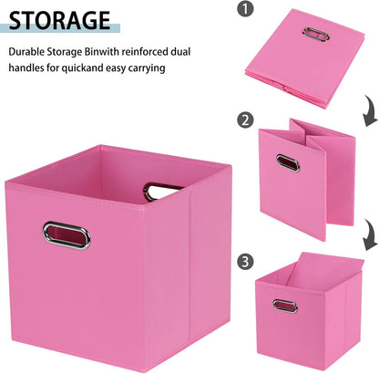 Fabric Storage Bins Cube, 11x11x11 Fabric Cubby Organizer Baskets with Handle, Set of 2 Foldable Storage Boxes (Pink)