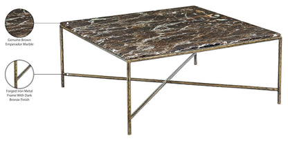 Meridian Furniture 77002Brown-CT Valen Collection Modern | Contemporary Coffee Table with Emperador Marble, Forged Iron Metal Frame, Dark Bronze Finish, 38" W x 38" D x 16" H, Brown/Antique Bronze