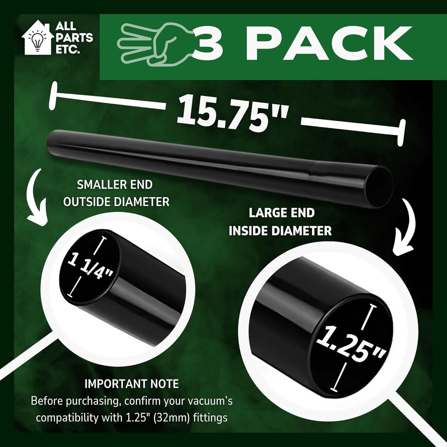 1.25 Inch Vacuum Extension Wands - 32mm Vacuum Accessories & Attachments, 15.75" Extension Wand for Shop Vac, 3 Pack