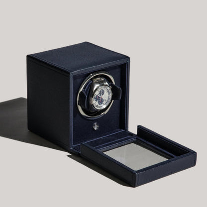 Wolf Cub Single Watch Winder with Glass Cover, Navy - Secure Fit with Patented Lock-in Dynamic Cuff - Accommodates All Wrist Sizes - Vegan Leather - Includes Universal Adapter