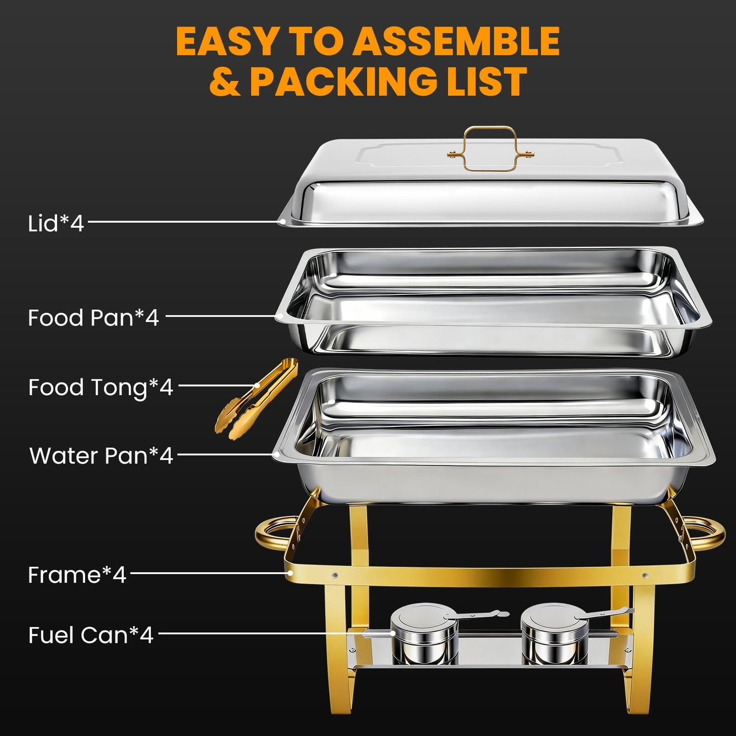 POWERFUEL Chafing Dishes for Buffet, 4 Pack 9QT Large Full Size Gold Chafing Dish Set, Rectangular Chafing Pans with 4 Gold Tongs, Stainless Steel Food Warmer for Party, Catering, Wedding