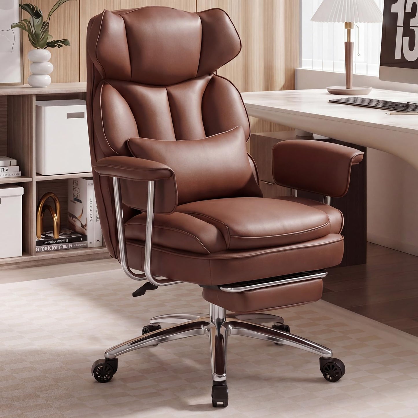 OLIXIS Home Office Desk Chair Comfy with Foot Rest, PU Leather Ergonomic Big and Tall High Back Support, 360° Swivel Wheels, Armrests and Detachable Pillow, Height Adjustable, Brown
