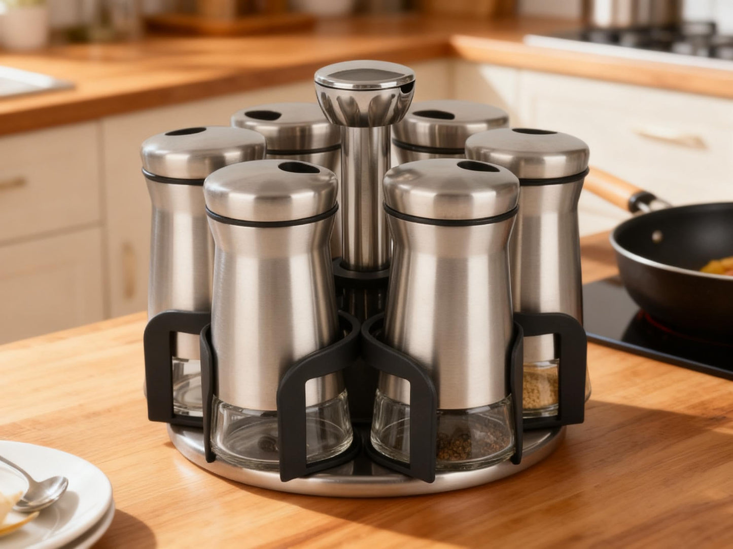 LCshuyao 360° Rotating Spice Rack，Spice Rack Organizer for Cabinet - Includes 6pcs Glass Spice Jars and Labels,Spice Storage, Cooking, Outdoor BBQ,(Spices Not Included) (Modern)