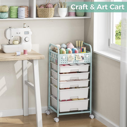 5 Drawer Rolling Storage Cart with Pegboard Top and Hooks, Mobile Utility Organizer with Wheels for Office Supplies, Craft Storage, Classroom Organization, Home Storage Cart, Green