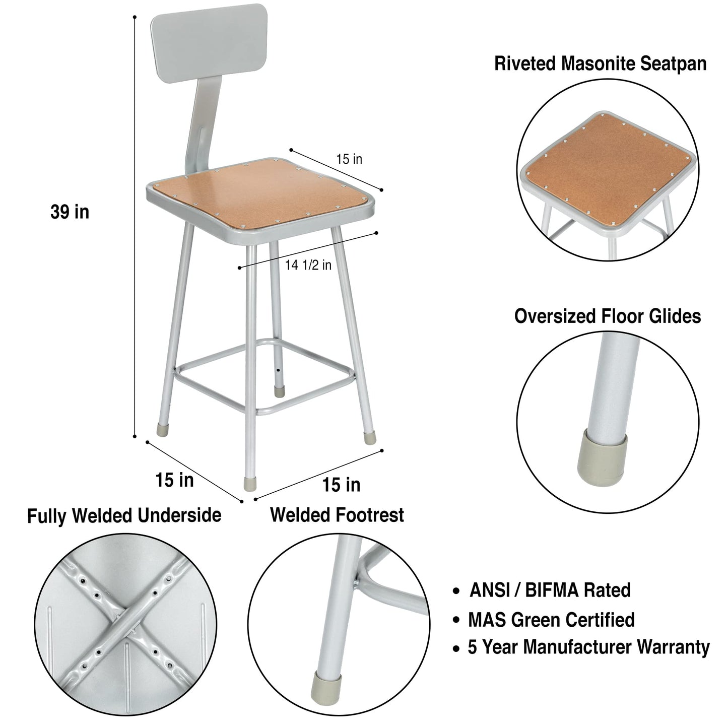 OEF Furnishings OEF6324B/2 Premium Commercial-Grade All-Purpose Square Stool with Backrest (24-inch Height, Gray Frame, Masonite Wood Seat, 2-Pack)