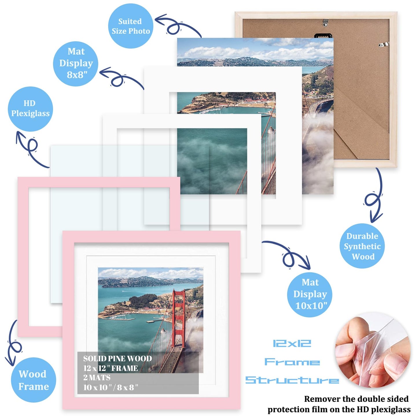 12x12 Wood Picture Frames for Wall Hanging or Tabletop,Diamond Painting Frame Baby Scan Picture Frames with 2 Mats Display 8x8 or 10x10 for Family Walls Decoration,Anniversary,Wedding,Christmas(Pink)
