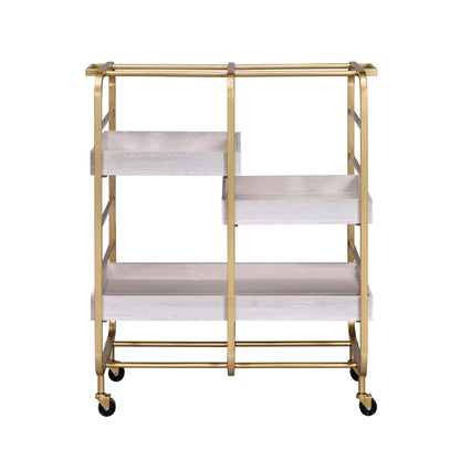 Qwtrvlizi Gold and White Washed Serving Cart with 3 Adjustable Trays
