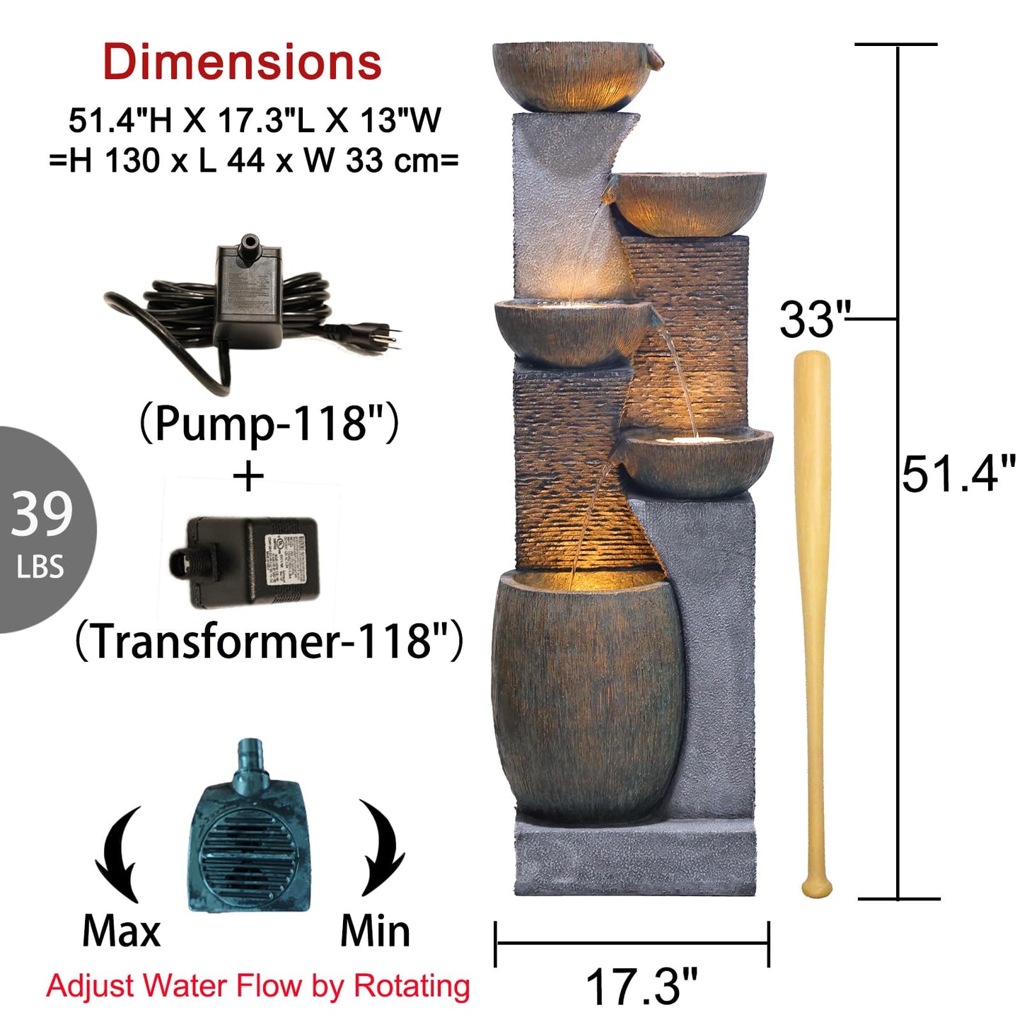 Bumilgar 51.4" H Outdoor Garden Water Fountain for Garden, Patio, Backyard, Deck, Porch and Home Art Decor, 5 Tiers Modern Cascading Large Outdoor Fountain with Lights