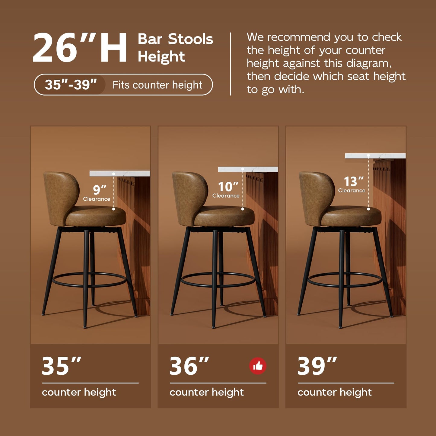 Sucrever Bar Stools Set of 4, 26" Counter Height Swivel Leather Bar Stools, Upholstered Barstools with Back & Footrest Metal Legs, Stools for Kitchen Island, Home Bar, Dining Room Brown