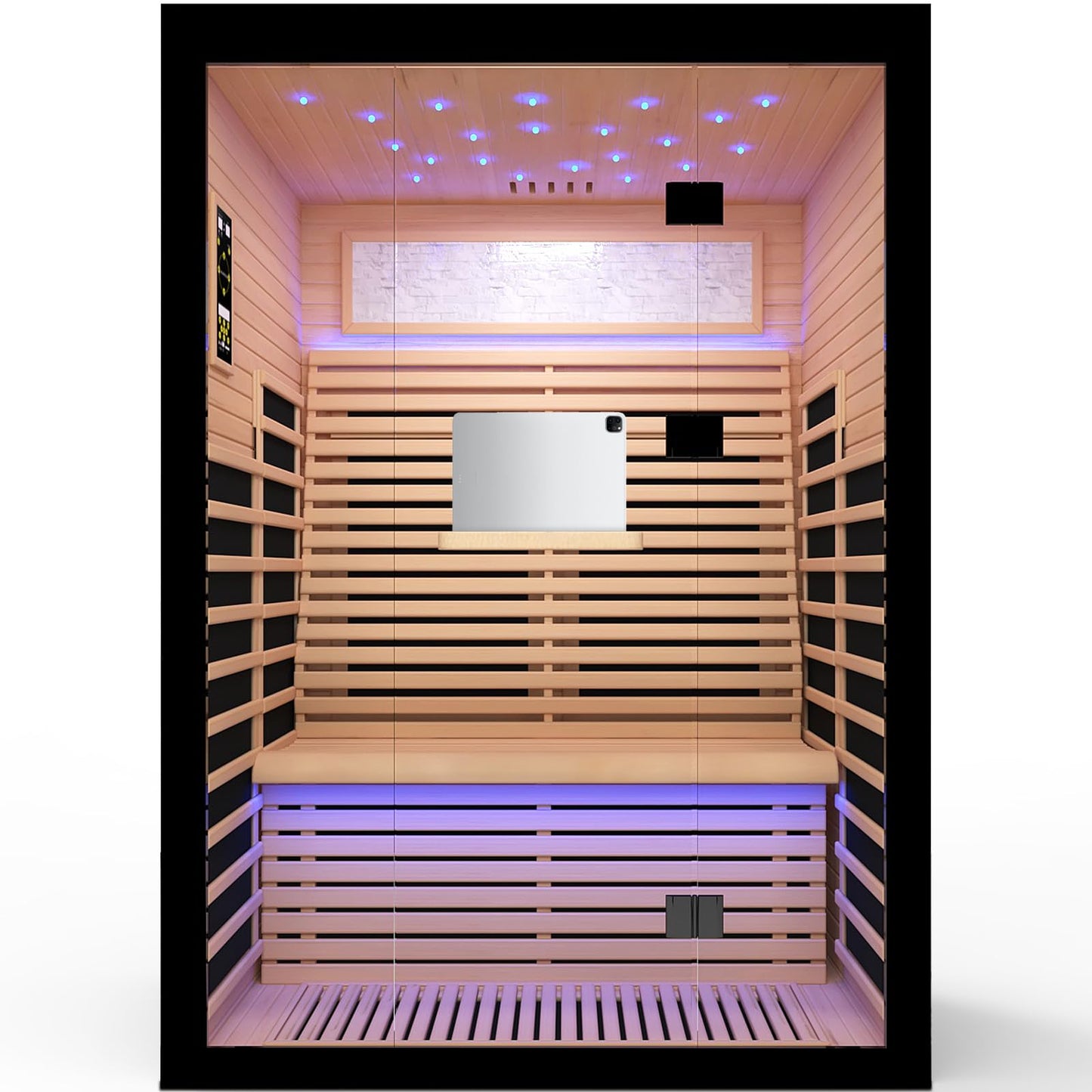 OUTEXER 2 Person Infrared Sauna Room Far Infrared Saunas Home Canadian Hemlock Indoor 2100W Low-EMF Dry Saunas with Oxygen Bar 7 Color Therapy 53.1 * 47.2 * 74.8inch