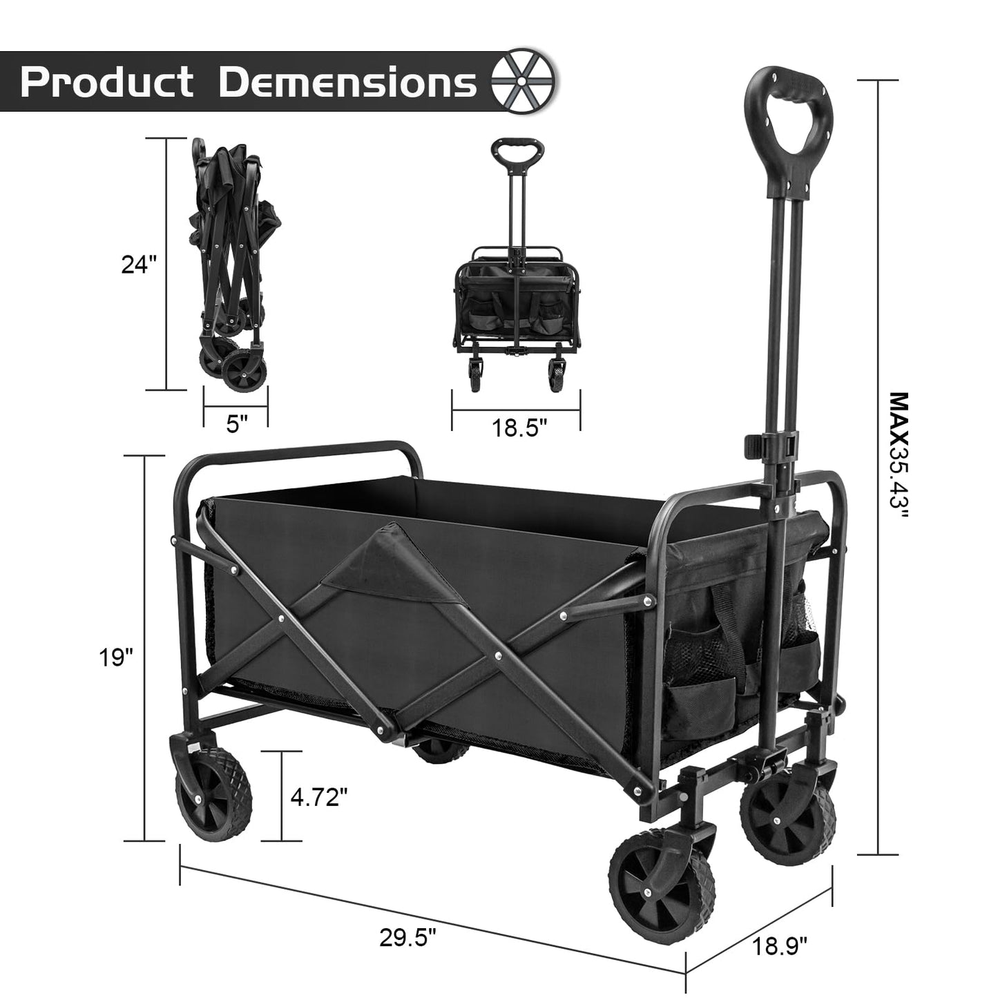TWOCORN Collapsible Foldable Wagon, Heavy Duty with Wheels, Utility Folding Grocery Wagon for Outdoor Activities (Black)