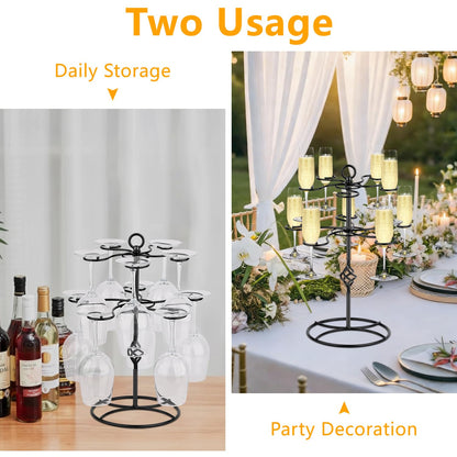 QPIX DIGITAL Wine Glass Rack 2 Tier 10 Holders Wine Glasses Stand, Black Champagne Tower Stand Countertop Tabletop Stemware Rack for Home and Bar Storage,Wine Glass Display Easy Assembly