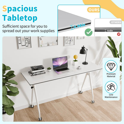 Conference Table with Wheels, Folding Conference Table with Knob & 4 Brake Casters, Modular Flip Top Mobile Conference Room Table for Office, Meeting, Training Room, Class (6, White, 55.1in)