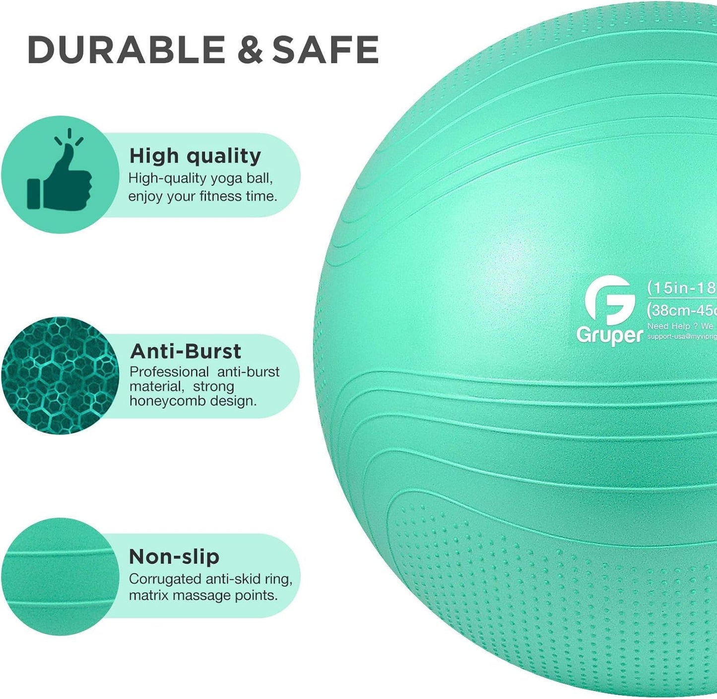 Gruper Yoga Ball, Multiple Sizes Non Slip Exercise Ball for Workout, Birthing, Balance, Stability, Pregnancy, 2200LB Capacity, Anti Burst Chair for Home and Office, Includes Quick Pump & Fitness Guide