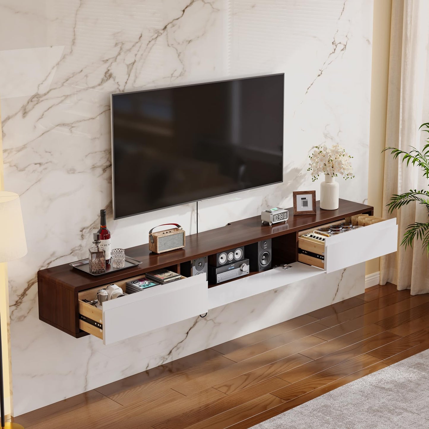 FurniNova Fully Assembled Floating TV Stand, Modern Plywood Media Console with 2 Drawers & 1 Flip Door, Wall Mounted Entertainment Center with High Gloss Finish & Round Edges, 55 inch, Walnut & White