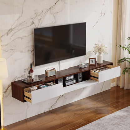 FurniNova Fully Assembled Floating TV Stand, Modern Plywood Media Console with 2 Drawers & 1 Flip Door, Wall Mounted Entertainment Center with High Gloss Finish & Round Edges, 55 inch, Walnut & White