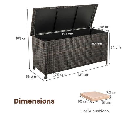TANGZON 320L Garden Deck Box, Patio Cabinet Container with Polyester Liner, Universal Wheels & Gas Strut, Indoor Outdoor Storage Box for Pillows, Cushions & Tools (with Regularly-Woven Rattan, Brown)