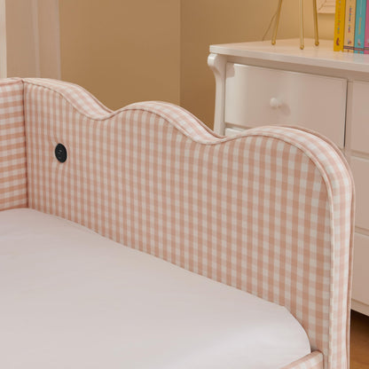 KEIKI Twin Size Upholstery Daybed with Trundle and USB, Twin to King Design Adorable Wave Shaped Extendable Linen Sofa Bed, Easy Assembly, No Box Spring Required, for Living Room and Bedroom, Pink