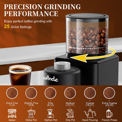 Wancle Conical Burr Coffee Grinder Electric - 200W Compact Automatic Coffee Bean Grinder with 25 Setting Adjustable, Low Noise Espresso Coffee Grinder,One-Touch Operation with Self-Cleaning Blower