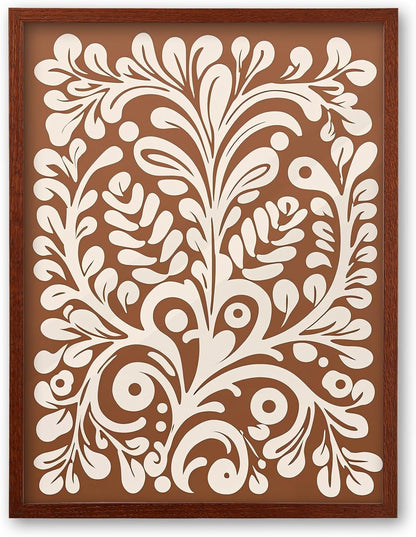 12x16in 1Pack iHery Natural OAK Walnut Color Wood Abstract Mexican Framed Wall Art, Talavera Tile Burnt Orange
