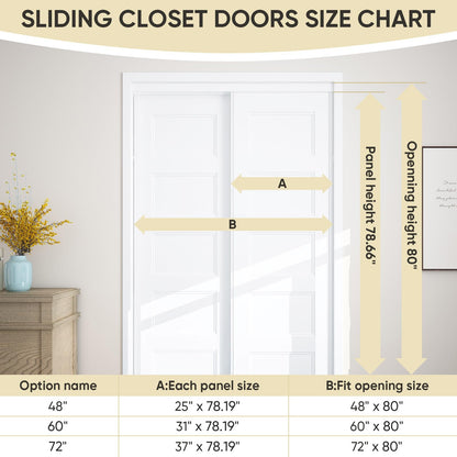 JUBEST Sliding Closet Door 60"(Double 31") x80, 5-Panel Steel Frame Bypass Primed Door with Top & Bottom Track Kits, Preassembled Hardboard Panels with Paintable Surface, Durable & Sturdy