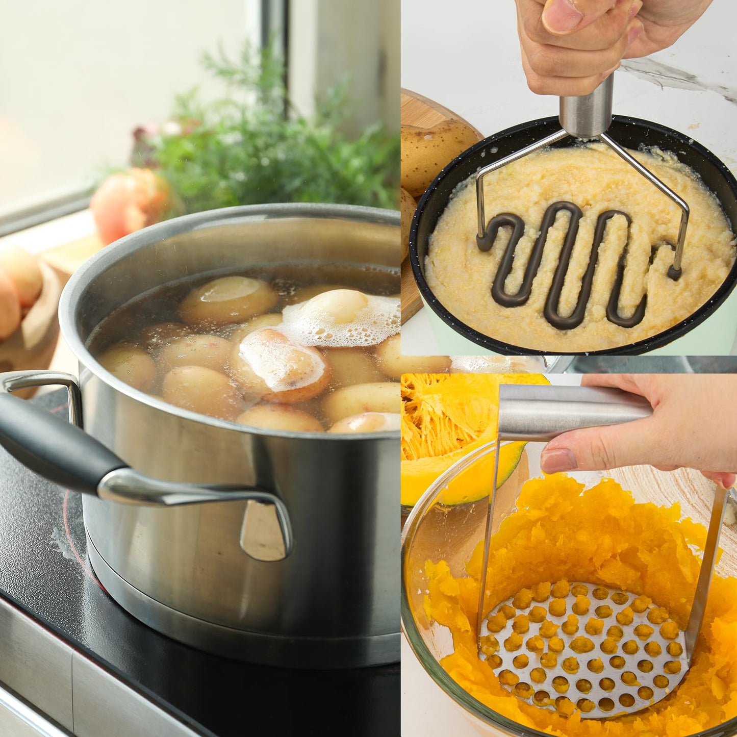 VOOVAO 2Pcs Wide Potato Smasher,Mashed Potato Masher,Stainless Steel Masher Kitchen Tool for Bean,Vegetable,Food,Fruit,Salad