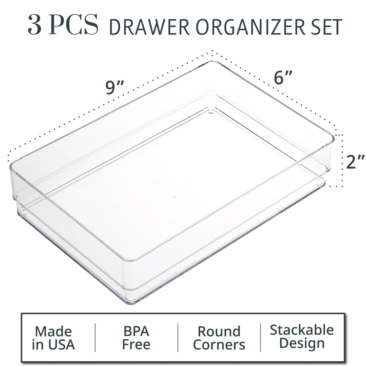 STORi SimpleSort 3-Piece Stackable Clear Drawer Organizer Set | 9" x 6" x 2" Rectangle Trays | Wide Makeup Vanity Storage Bins and Office Desk Drawer Dividers | Made in USA