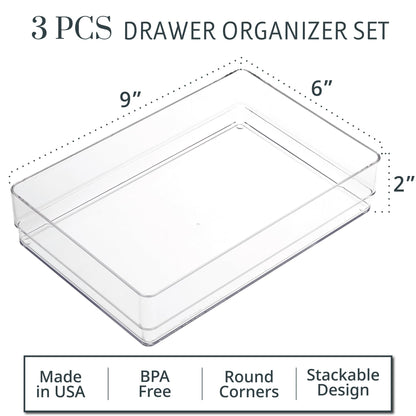 STORi SimpleSort 3-Piece Stackable Clear Drawer Organizer Set | 9" x 6" x 2" Rectangle Trays | Wide Makeup Vanity Storage Bins and Office Desk Drawer Dividers | Made in USA
