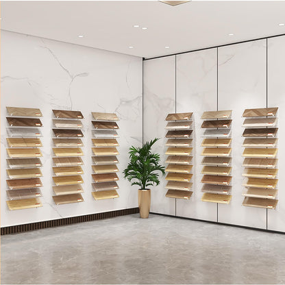 Floor Tile Sample Rack,Wall Mounted Tile Sample Display Rack - 10 Tier Metal & Wooden Storage Holder, Heavy Duty Floating Shelf for Retail Stores, Ceramic & Floor Tiles (White 20.5x140cm)