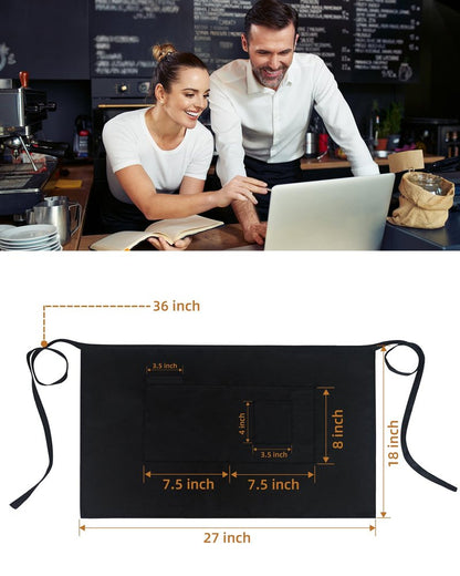 Xeoxarel 1 Pack Bistro Half Aprons with 4 Pockets, Unisex Waitress Waiter Waist Server Apron for Women and Men 27''X18''