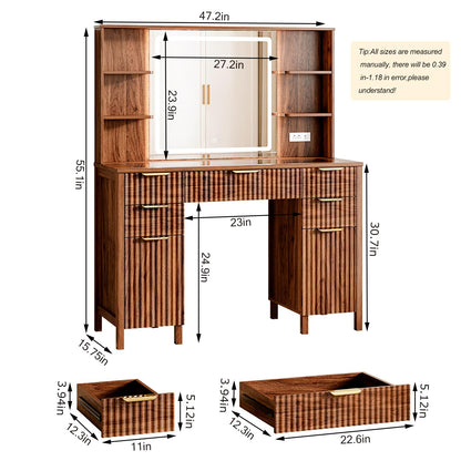 Vanity Desk with Large 27.2" Mirror and Lights 47.2" Fluted Makeup, 5 Drawer Vanity with Power Strip, 4 Open Shelves, 2 Cabinet, Modern Bedroom Vanity Featuring Visual Transparent Glass. Brown