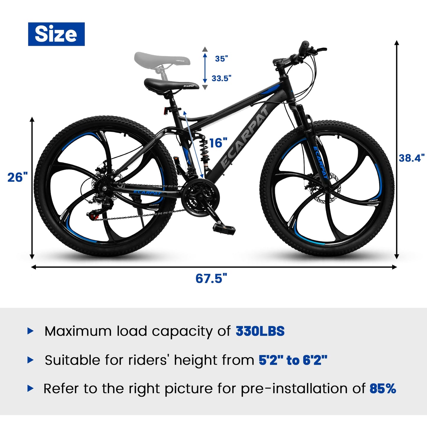 Ecarpat 26 Inch Full Suspension Mountain Bike, 21 Speeds Dual Disc Brake, Men Women Carbon Steel Mountain Bike, Adult Trail Beach Snow Commuter City Bikes