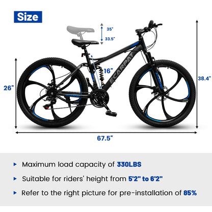 Ecarpat 26 Inch Full Suspension Mountain Bike, 21 Speeds Dual Disc Brake, Men Women Carbon Steel Mountain Bike, Adult Trail Beach Snow Commuter City Bikes