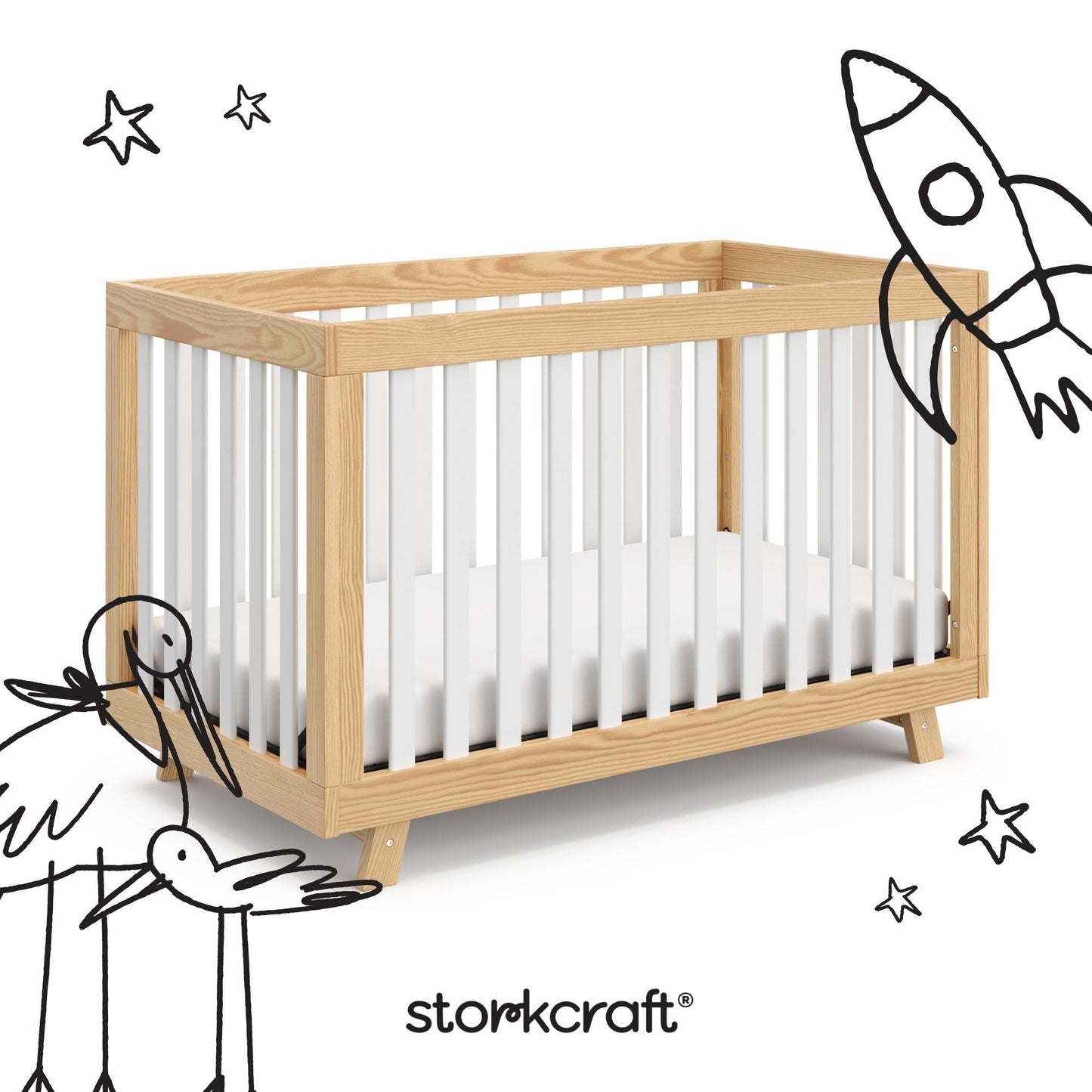 Storkcraft Beckett 3-in-1 Convertible Crib – GREENGUARD Gold Certified, Fits Standard Crib Mattress, Converts to Toddler Bed and Daybed, 4 Mattress Heights, Grow-with-Me Design (Natural and White)