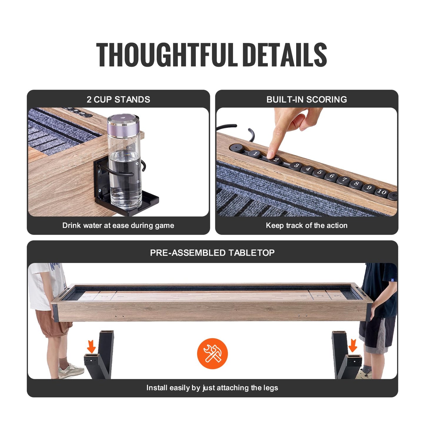 VEVOR Shuffleboard Table, 9 ft Shuffleboard for Family Game Rooms, 2 in 1 Shuffleboard and Bowling Combo Game Set, with Scratch-Resistant Playfield, Legs, 8 Pucks, Bowling Set, Wax, and Table Brush