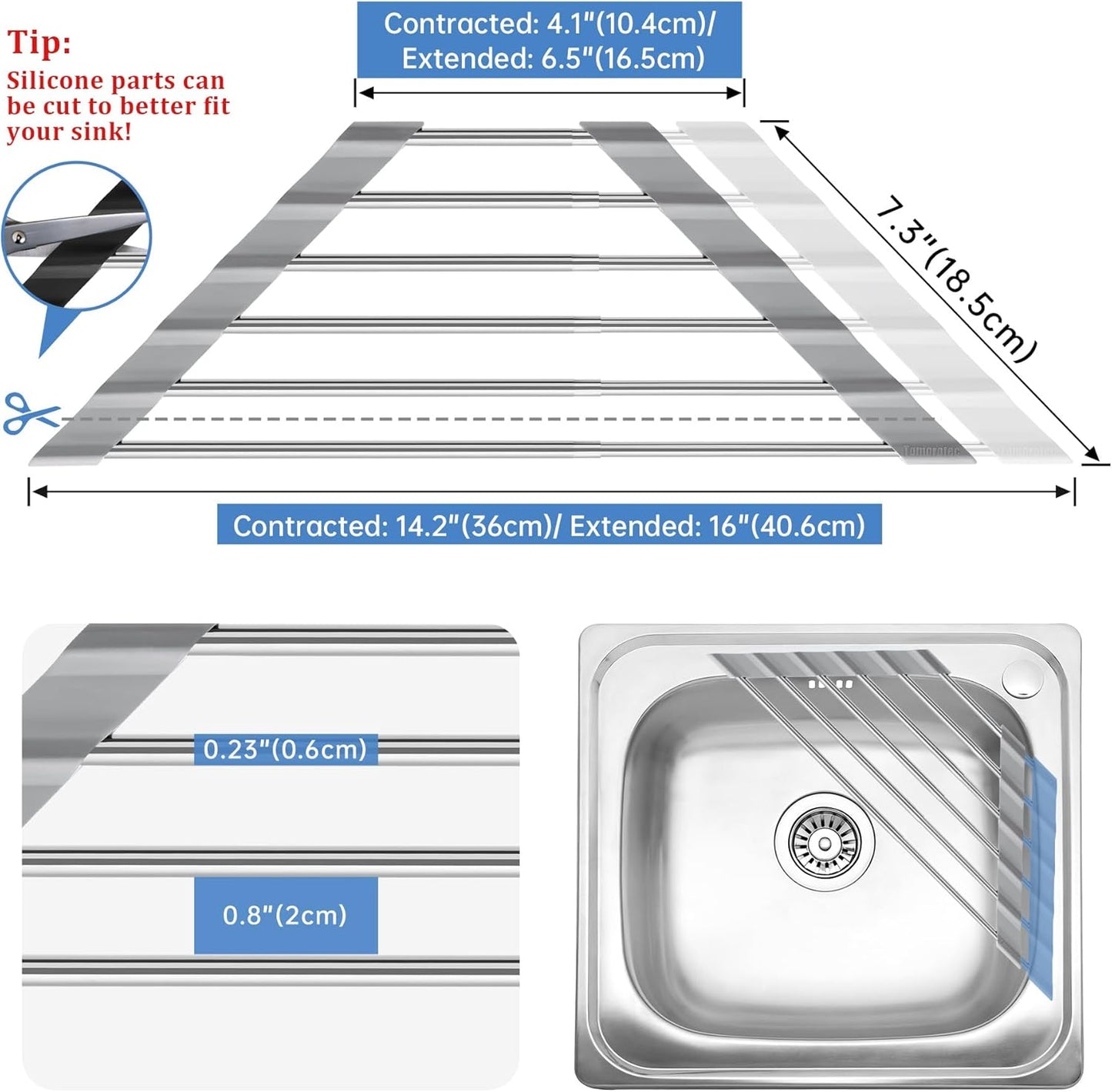 Tomorotec Adjustable Triangle Dish Drying Rack, Foldable Stainless Steel Over The Sink Kitchen Drainer Caddy Organizer