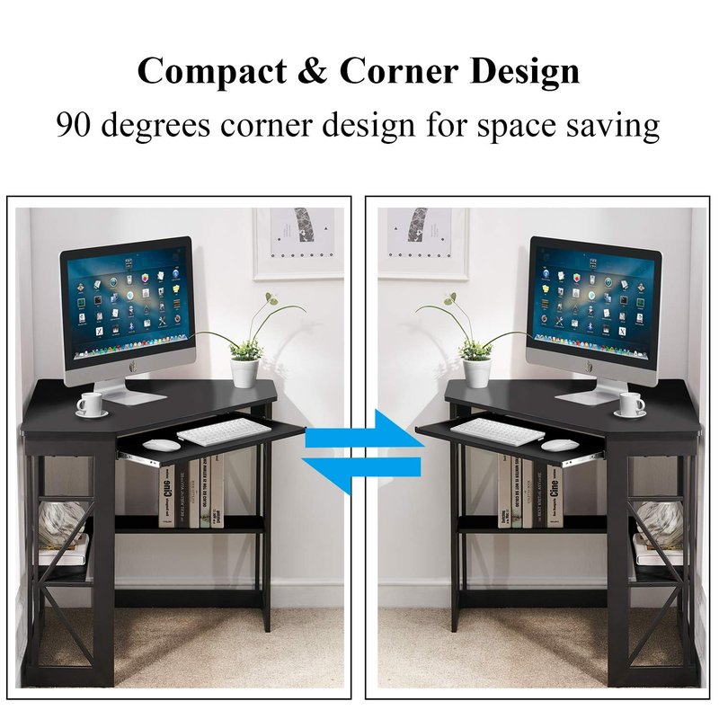 VECELO Corner Desk Computer Desk Writing Table with Smooth Keyboard Tray & Storage Shelves,Compact Home Office Triangle Table,Black