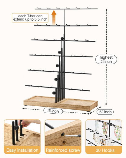 HULISEN Earring Display for Vendors, Adjustable Height Earring Display Stands for Selling, Jewelry Display for Earrings Card, Earrings Rack Display Holder with Tray, 30 Hooks, Carbonized Brown