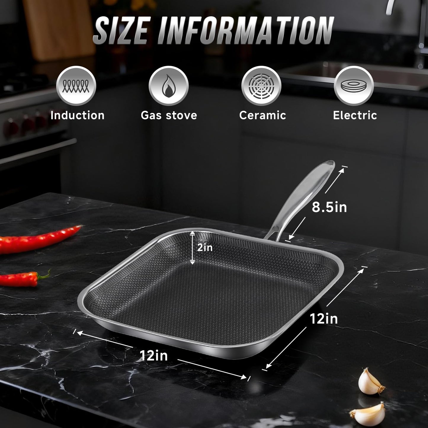 Toutrop Non Stick Stainless Steel Skillet,12 Inch Square Frying Pan, Nonstick Grill Pan for All Stoves, Oven Dishwasher Safe, PFOA Free