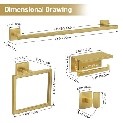 TURS Brushed Gold 5 Pieces Bathroom Hardware Set, SUS304 Stainless Steel 23.6 Inch Bath Towel Bar Set, Square Bathroom Accessories Kit Wall Mounted