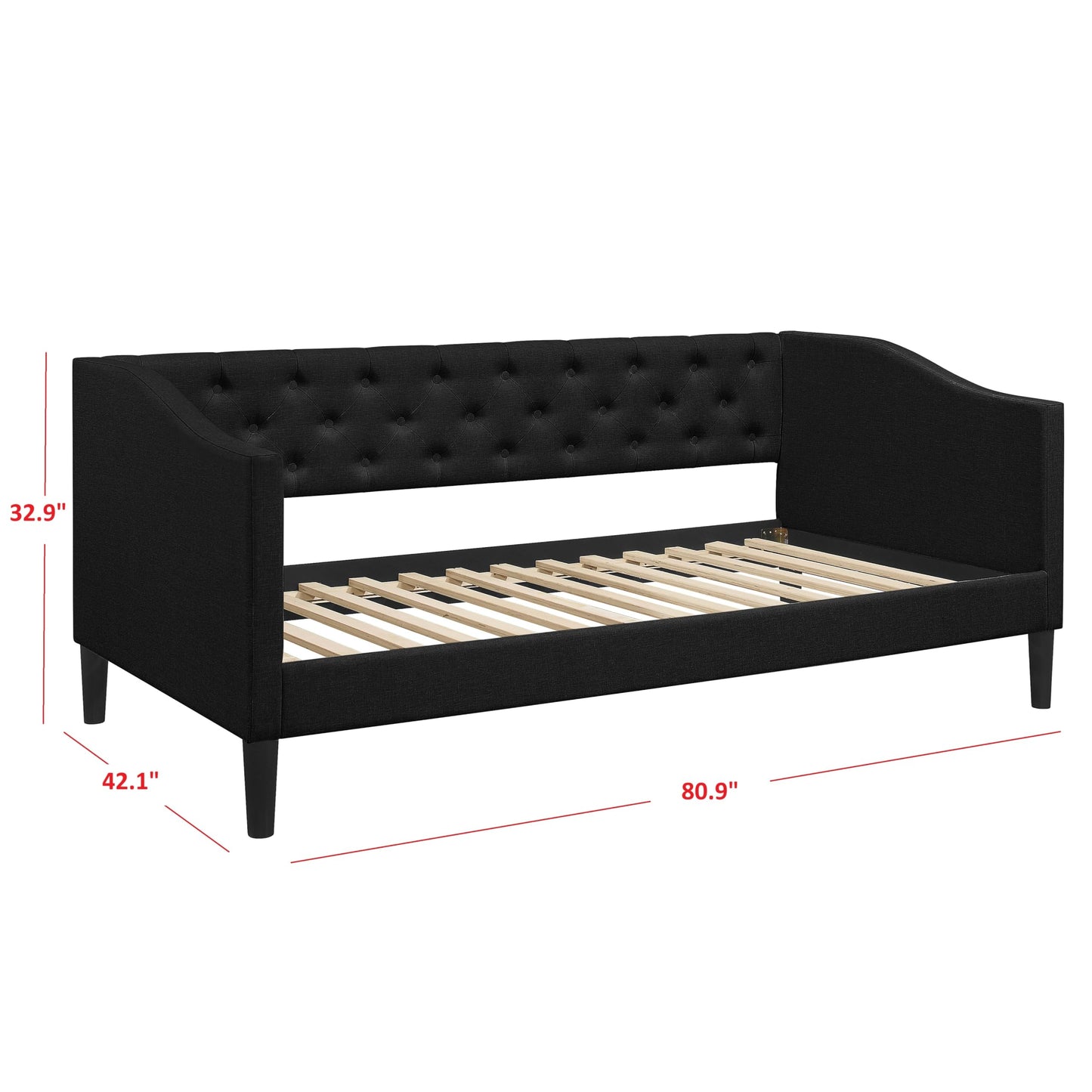 HOME DESIGN Gianna Twin Daybed, Upholstered Frame, Button-Tufted Back, Rectangular Back with Sloped Arms, Full Slat System, Black Tapered Legs, Black